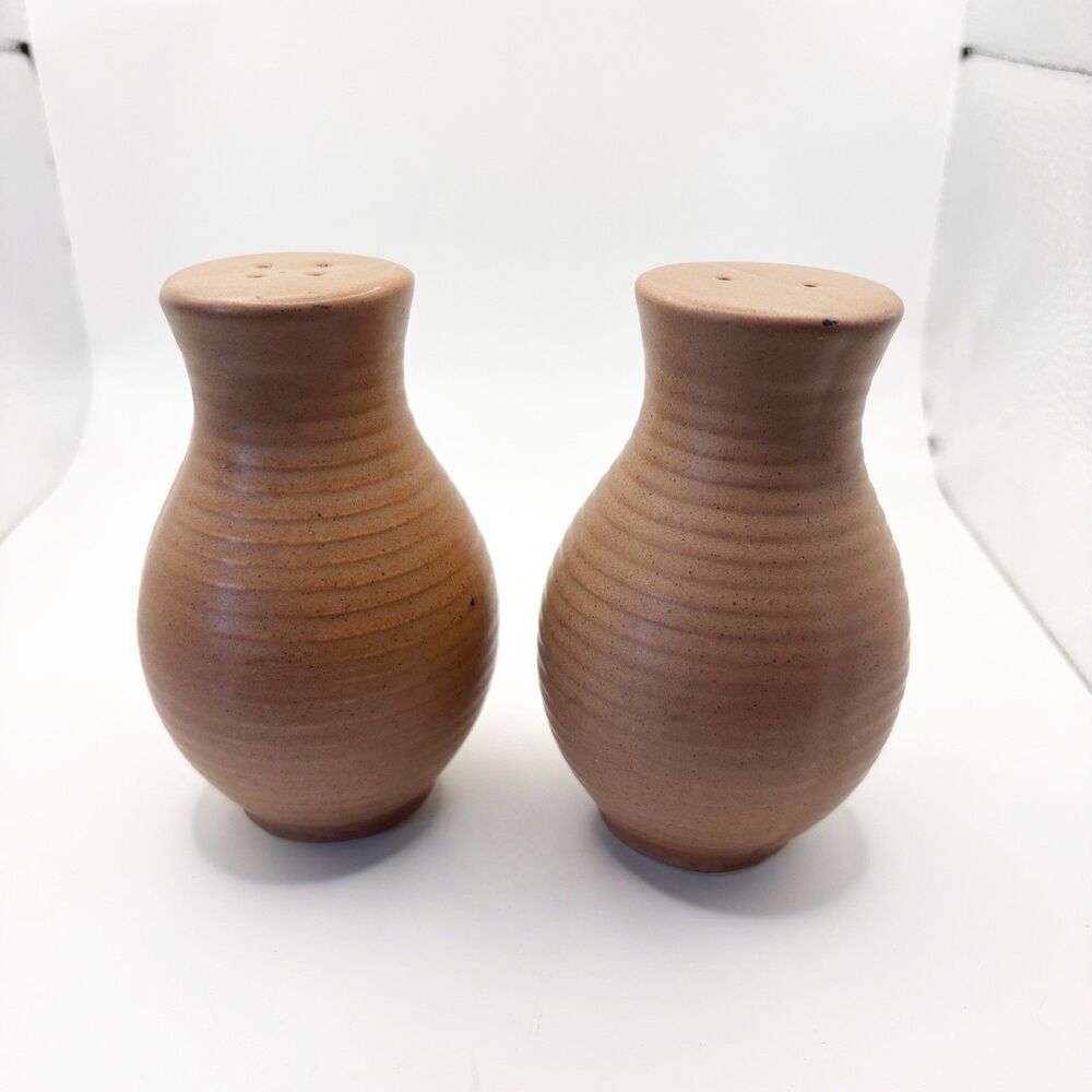 Vintage Salt & Pepper Shakers Pottery Stoneware Clay Dark Brown Round No Stopper